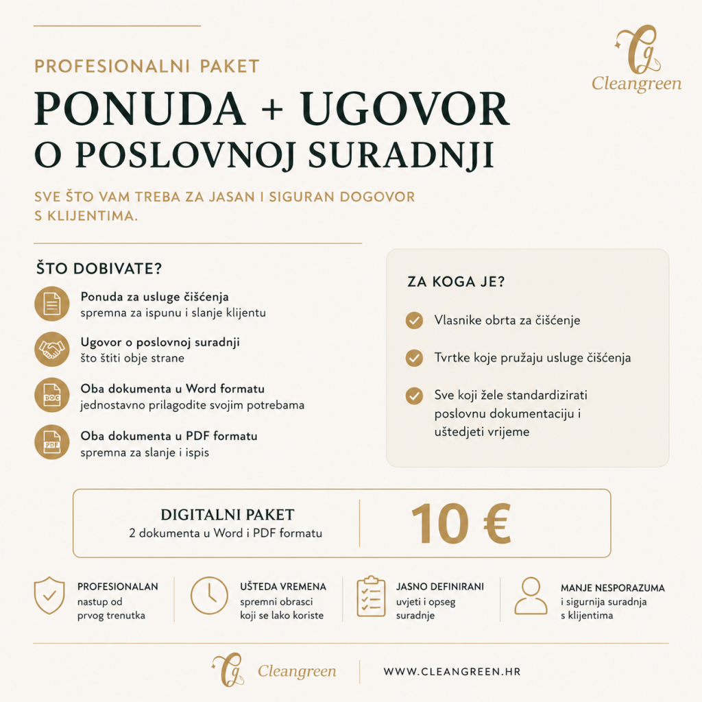 Profesionalni paket Clean Green s predloškom ponude za usluge čišćenja i ugovorom o poslovnoj suradnji u Word i PDF formatu.
