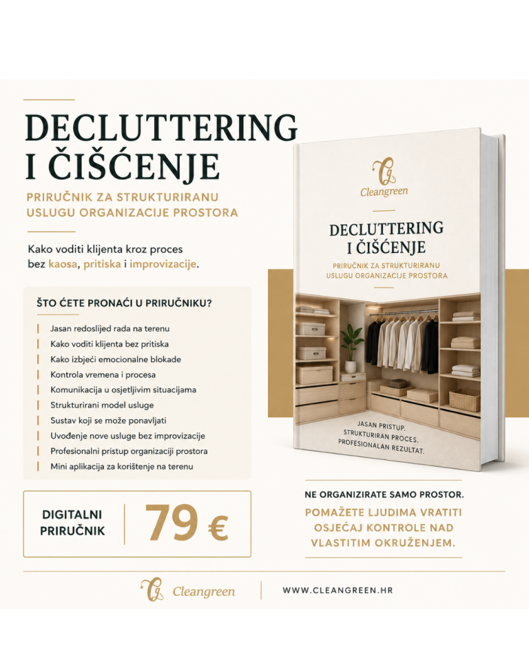 Naslovnica digitalnog priručnika Decluttering i čišćenje s prikazom organiziranog ormara, pregledom sadržaja i cijenom od 79 €.