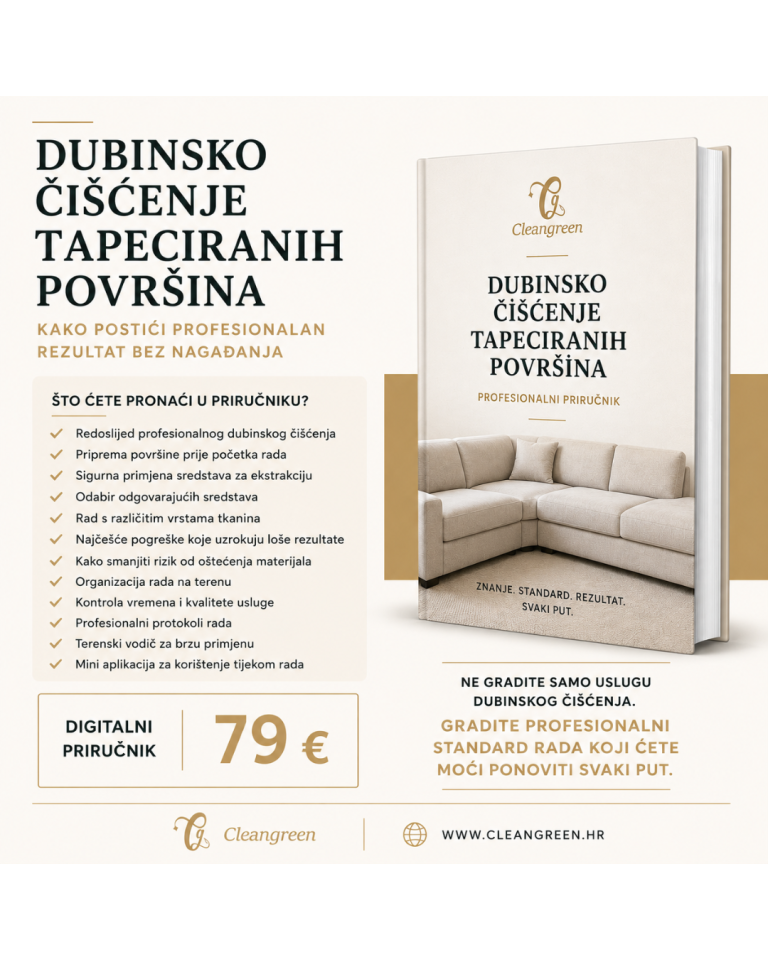 Naslovnica profesionalnog digitalnog priručnika Dubinsko čišćenje tapeciranih površina s pregledom sadržaja i cijenom od 79 €.